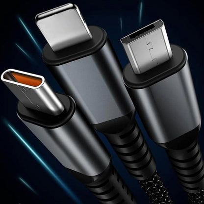 13111 3-in-1 Super Fast Charging Cable 100w Multifunctional Convenient Super Fast Charging Cable Nylon Braided Cord 3-in-1 Silicone Zinc Alloy 3 Head Charging Cable