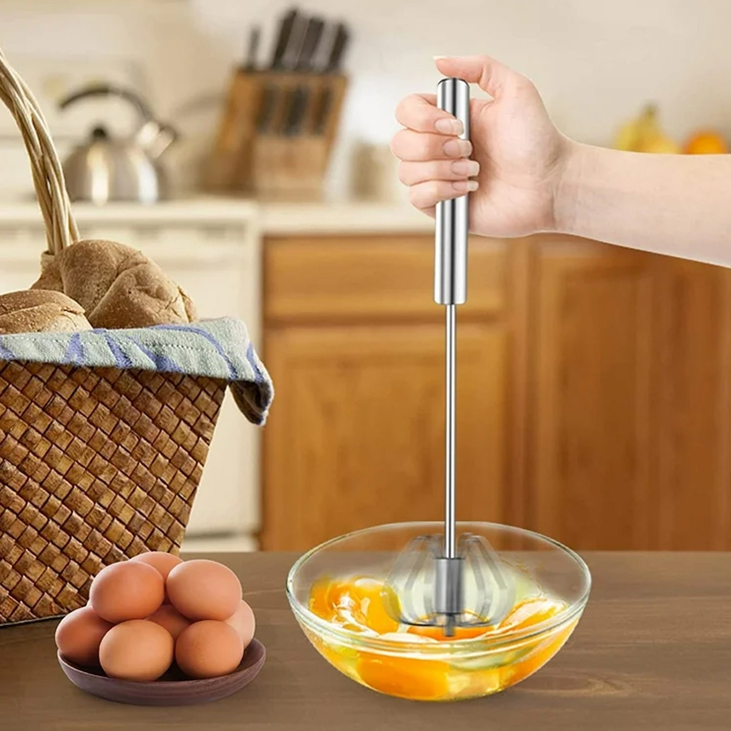 Big Stainless Steel Egg Whisk Hand Push Rotary Whisk Blender (1 Pc  35 Cm)