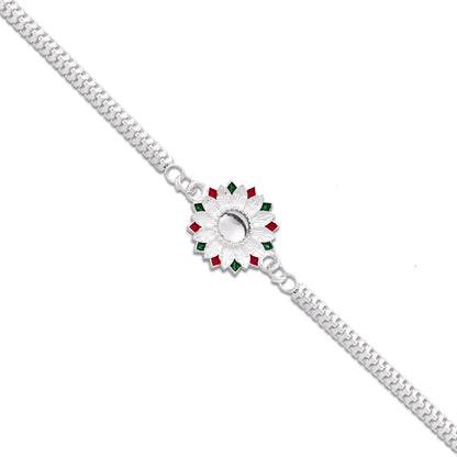 Elegant Silver-plated Floral Rakhi With Red And Green Meenakari Accents