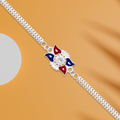 Stylish Sun Design Rakhi With Red-blue Enamel And Silver-tone Metal Chain