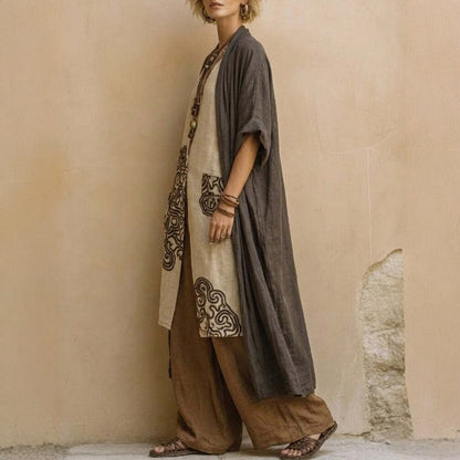 Loose Embroidered Long Robe Two-Piece Set for Women, Casual Wide-Leg Pants Outfit, Fashionable and Trendy