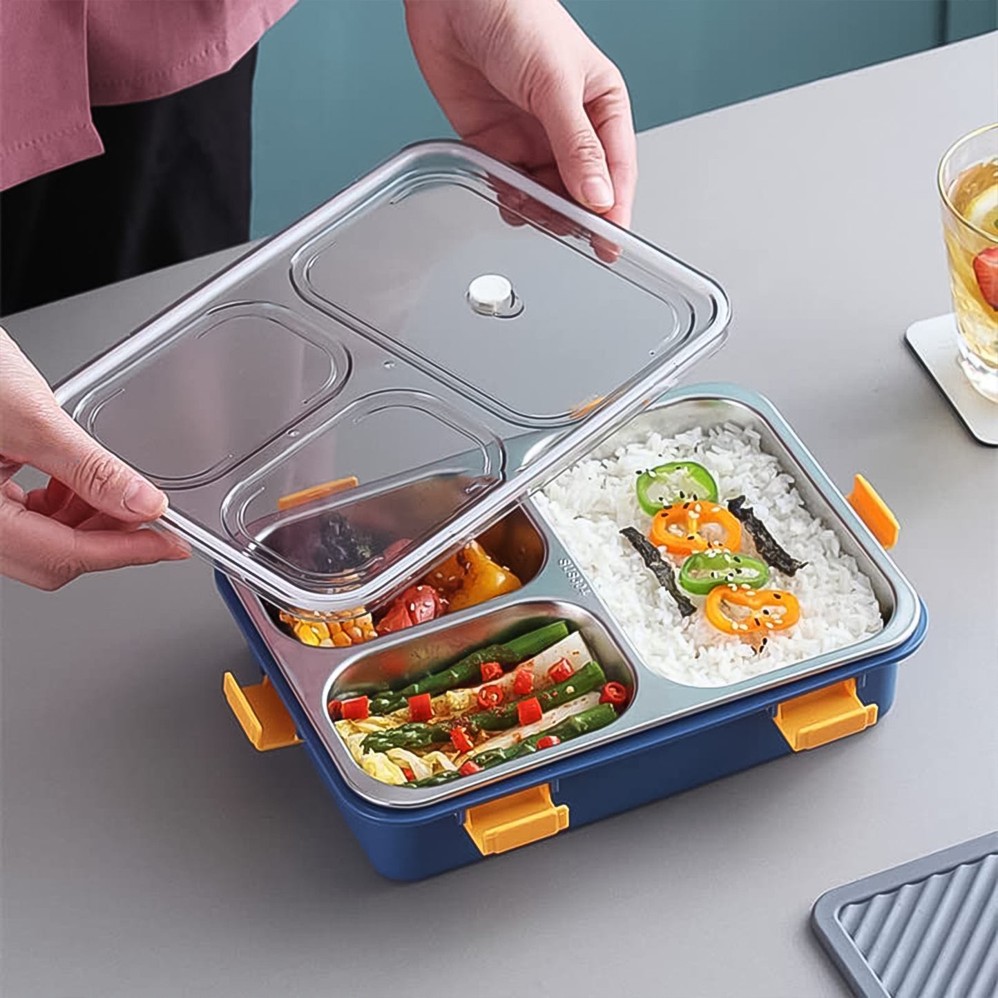 3 Compartment Transparent Stainless Steel Lunch Box With A Spoon And A Pair Of Chopsticks (1 Set)