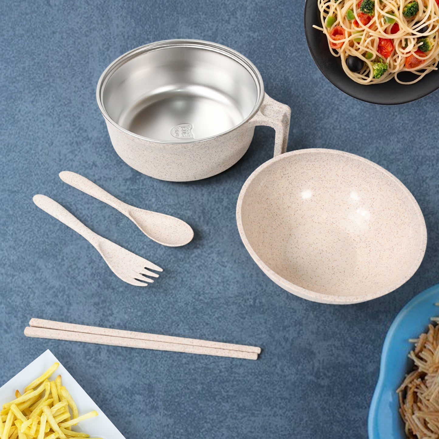 5606 Rice Bowl Noodle 1 Bowl With 1 Lid And Handle Wheat Straw Noodle Bowls With Wheat Straw 1 Fork 2 Chopsticks 1 Spoon For Soup Salad Cooker Snack Set (6 Pcs Set)