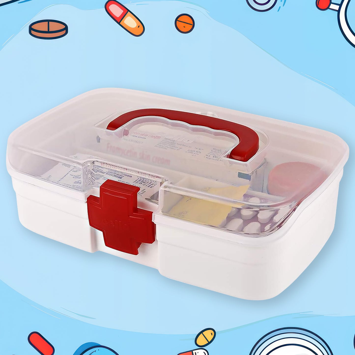 12980 3 Compartment Medical Box 1 Piece Indoor Outdoor Medical Utility Medicine Storage Box Detachable Tray Medical Box Multi Purpose Regular Medicine First Aid Box With Handle Transparent Lid  Color Box