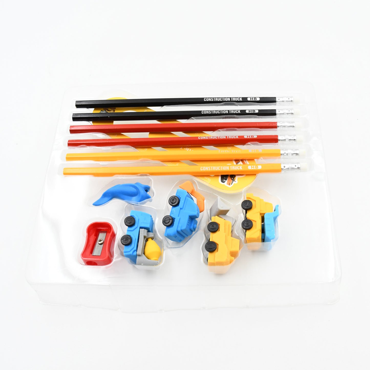 4547 Pencil And Eraser Set Construction Truck Theme Stationery Kit Includes 6 Pencils 4 Erasers 1 Sharpener 1 Ruler Bookmark 1 Pencil Cap Stationary For Birthday Gifts For Kids Birthday Return Gifts (13 Pc Set)