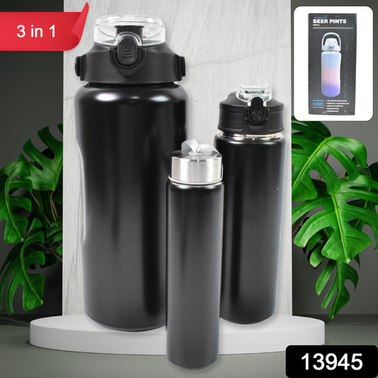 3 In 1 Stainless Steel Insulated Water Bottle Double Wall Vacuum (3 Pcs Set  Different Size)