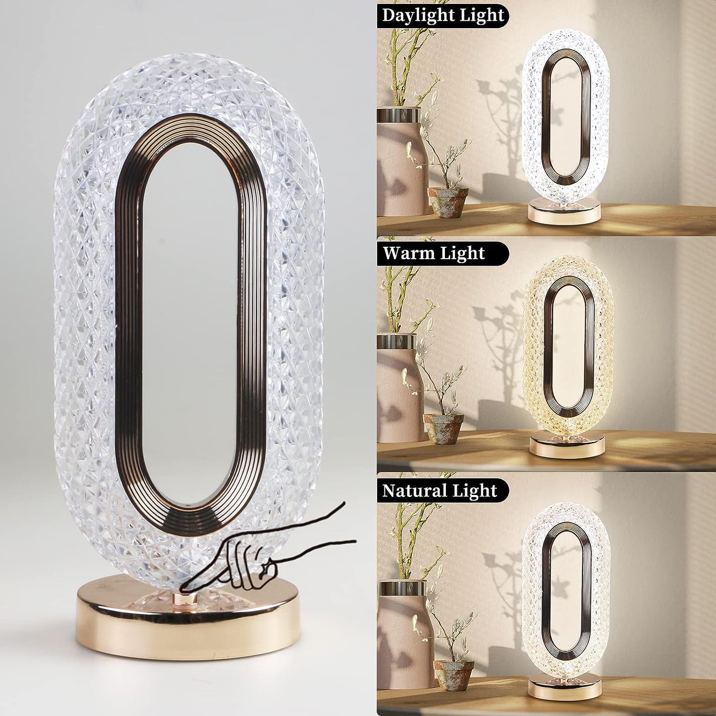 6878 Touch Control Crystal Table Desk Lamp 3-way Dimmable Light Usb Rechargeable Crystal Diamond Table Lamp Exquisite Night Stand Light Lamp Beside Lamp For Bedroom Living Room Decorative Desk Lamp