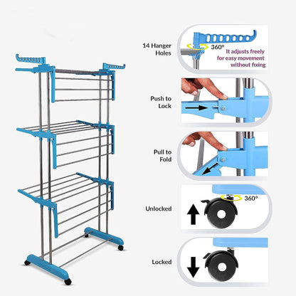 Premium Heavy Duty Stainless Steel 3 Layer Foldable Cloth Drying Stand (1 Set  With Colour Box)