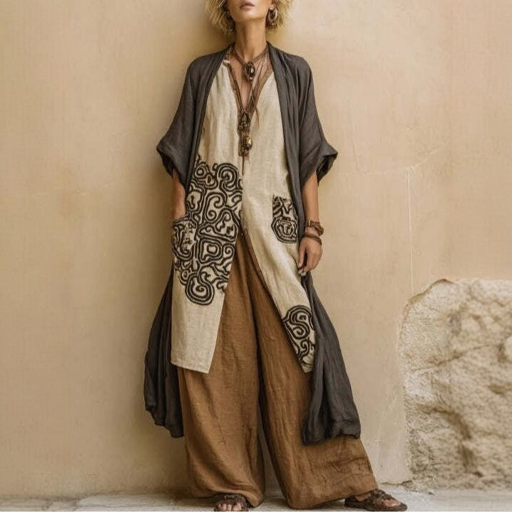 Loose Embroidered Long Robe Two-Piece Set for Women, Casual Wide-Leg Pants Outfit, Fashionable and Trendy