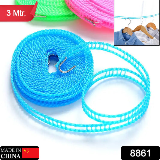 8861 3 Meters Windprood Anti-slip Clothes Washing Line Drying Nylon Rope With Hooks Durable Camping Clothesline Portable Clothes Drying Line Indoor Outdoor Laundry Storage For Travel Home Use (3 Mtr.)