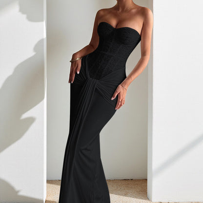 New long evening gown with a waist-cinching, figure-flattering chiffon strapless dress