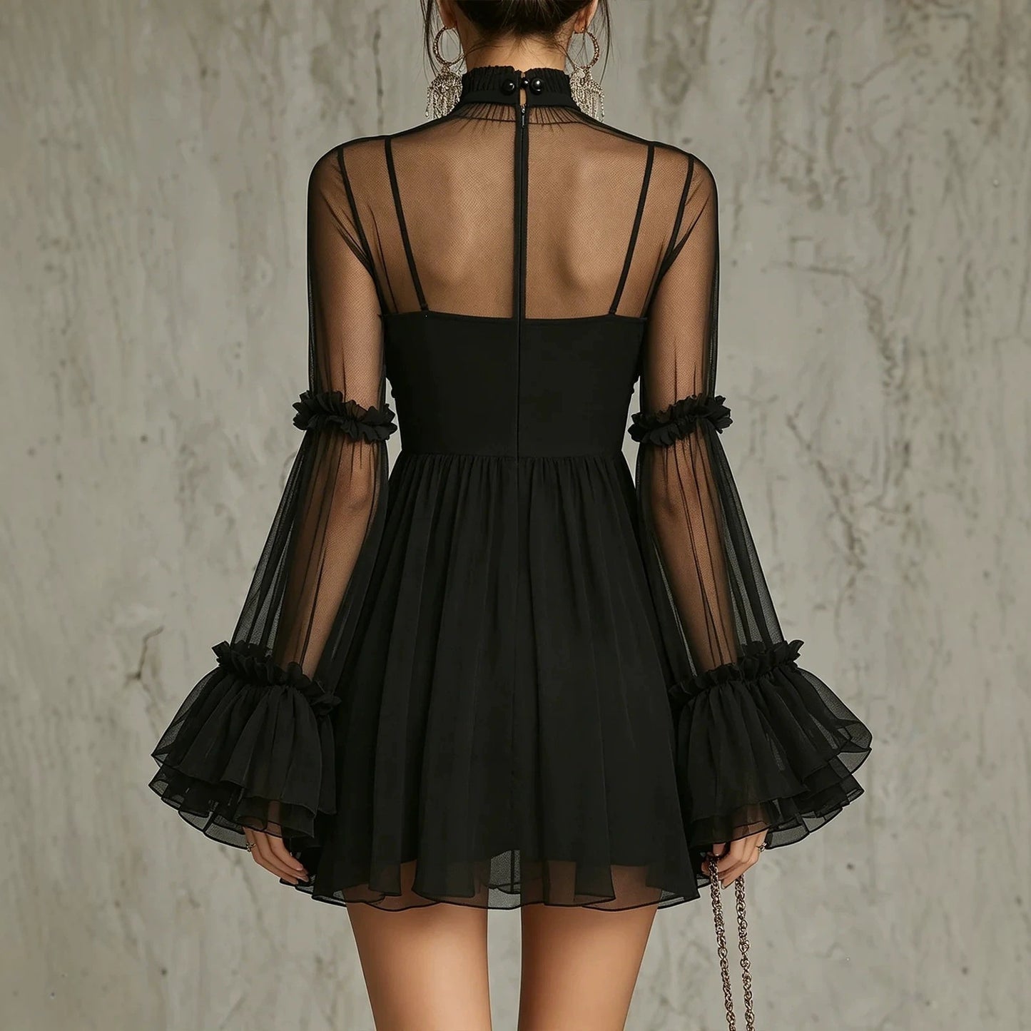 Floral Embroidered Sheer Lace Dress with High Neck and Flared Sleeve