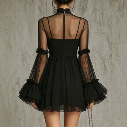 Floral Embroidered Sheer Lace Dress with High Neck and Flared Sleeve