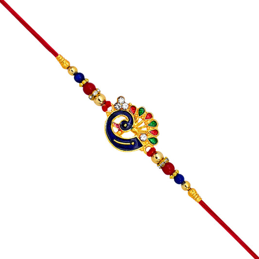 Peacock-themed Designer Rakhi With Colorful Beads  Blue Red  Gold Finish