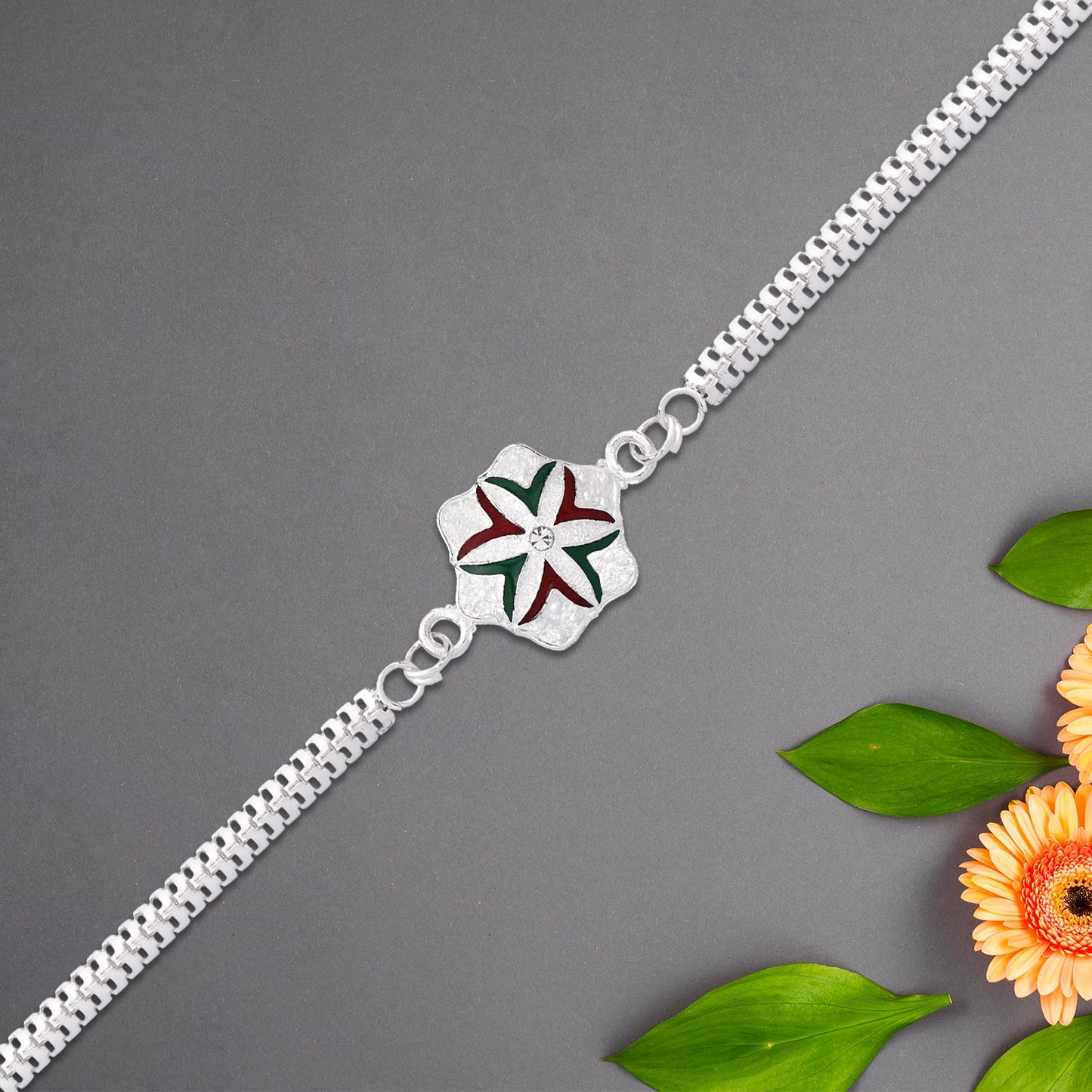 Designer Flower Rakhi With Silver Chain