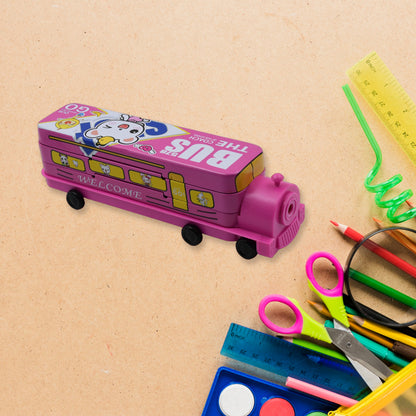 4672 Double Decker Magic Bus Compass 2 Layer Metal Bus Compass Pencil Case With Movable Wheels  Sharpener Bus Shape With Tiers Metal Pencil Box For Kids Birthday Party