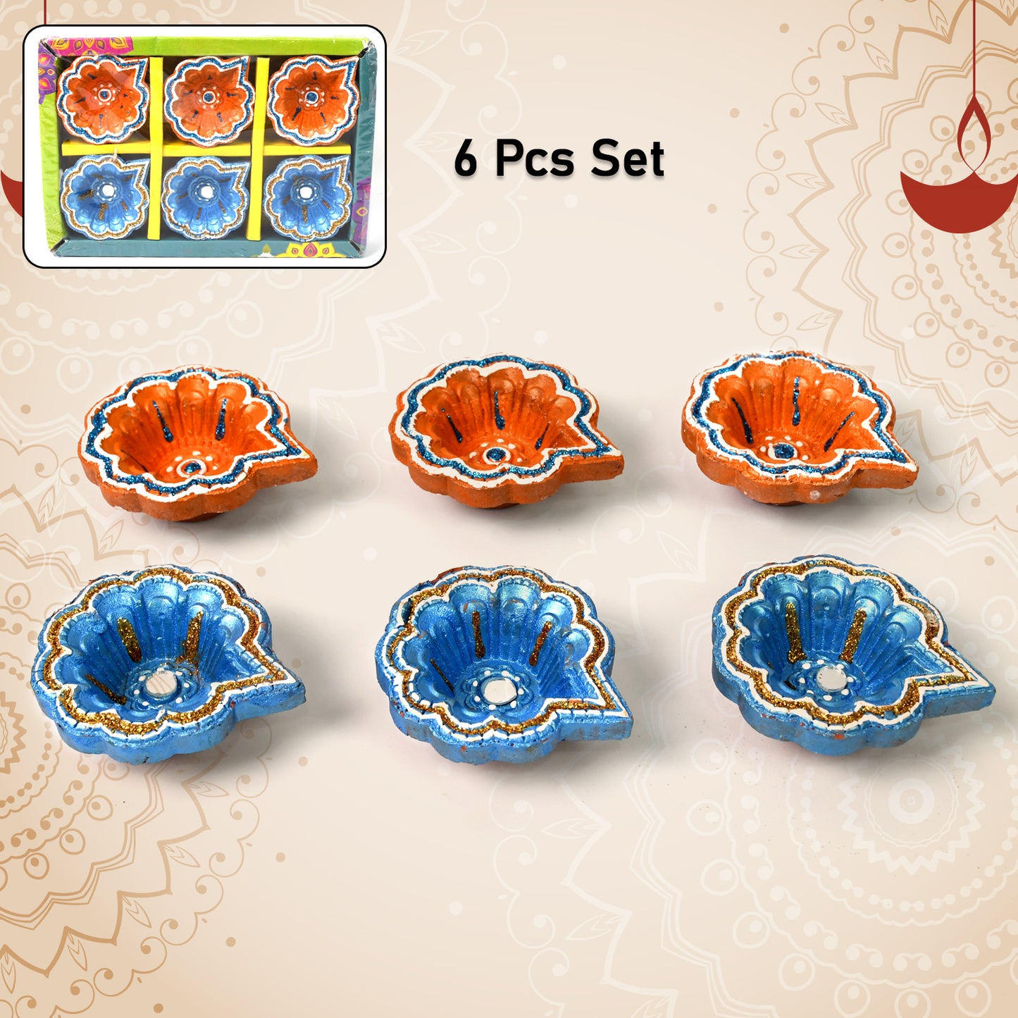 Decorative Hand Painted Clay Puja Diya For Diwali Handmade Diya (6 Pcs Set)