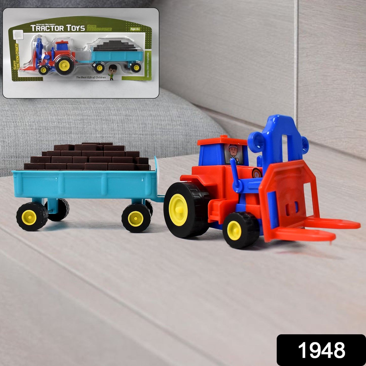 Plastic Tractor Toy Friction Powered Tractor With Bricks Trolley (1 Pc)