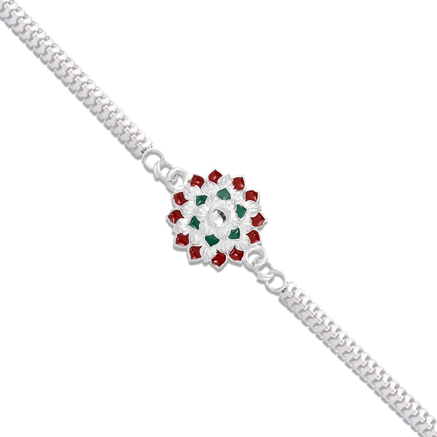 Round Shape Silver Chain Rakhi With  Red-green Accents