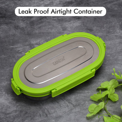 8138 Ganesh Solo Oval 650 Stainless Steel Leak Proof Airtight Lunch Pack For Office  School Use