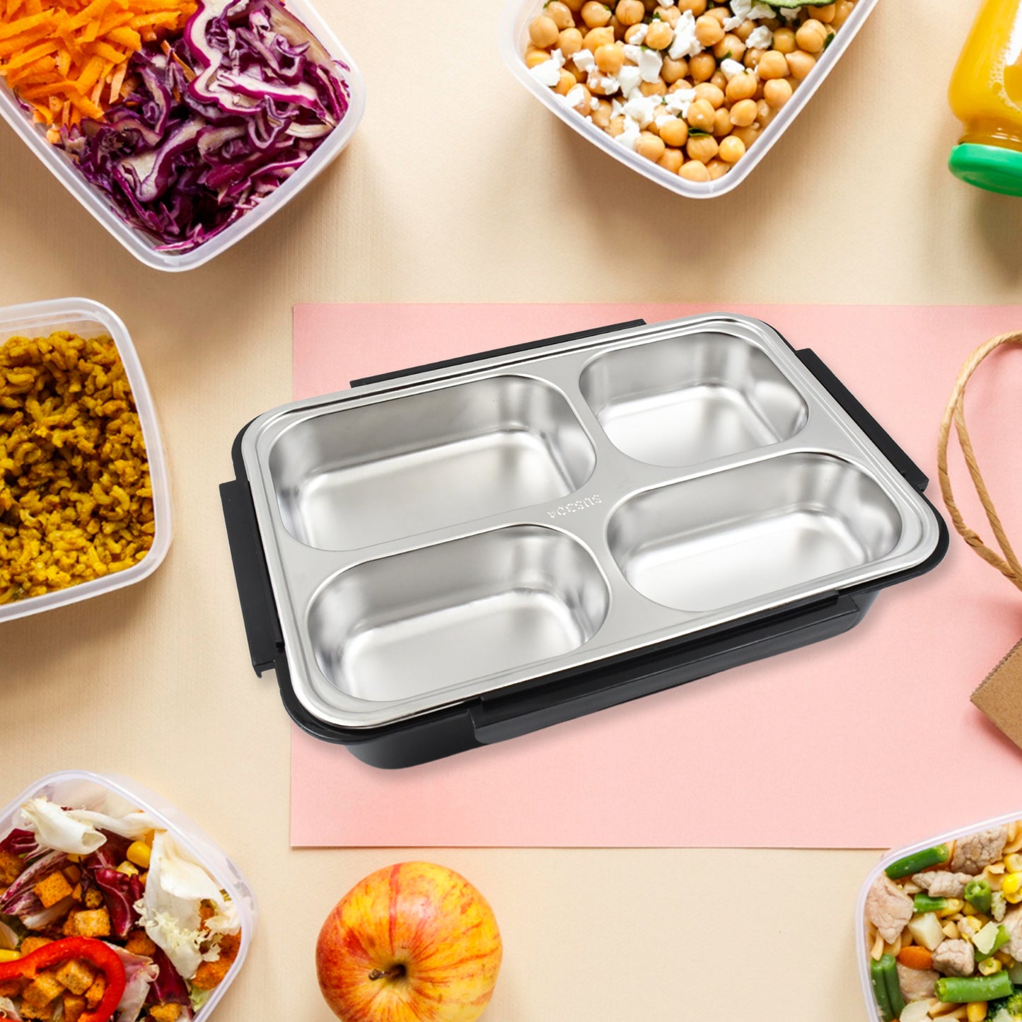 10034 4 Compartment Insulated Lunch Box Stainless Steel Tiffin Box For Boys Girls School  Office Men For Microwave  Dishwasher  Freezer Safe Adult Children Food Container (1 Pc)