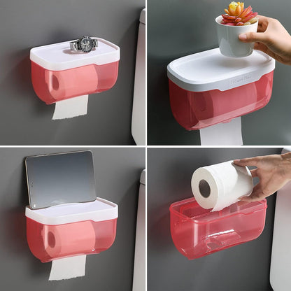 4154 Multifunction 2-in-1 Bathroom Tissue Box Paper Phone Tablet Holder With Hook Self Adhesive Punch-free Wall Mounted Waterproof Bathroom Roll Holder (1 Pc)