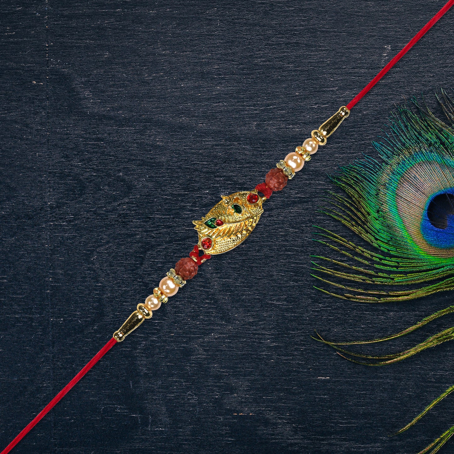 Designer Rakhi With Leaf Motif Rudraksha  Pearls