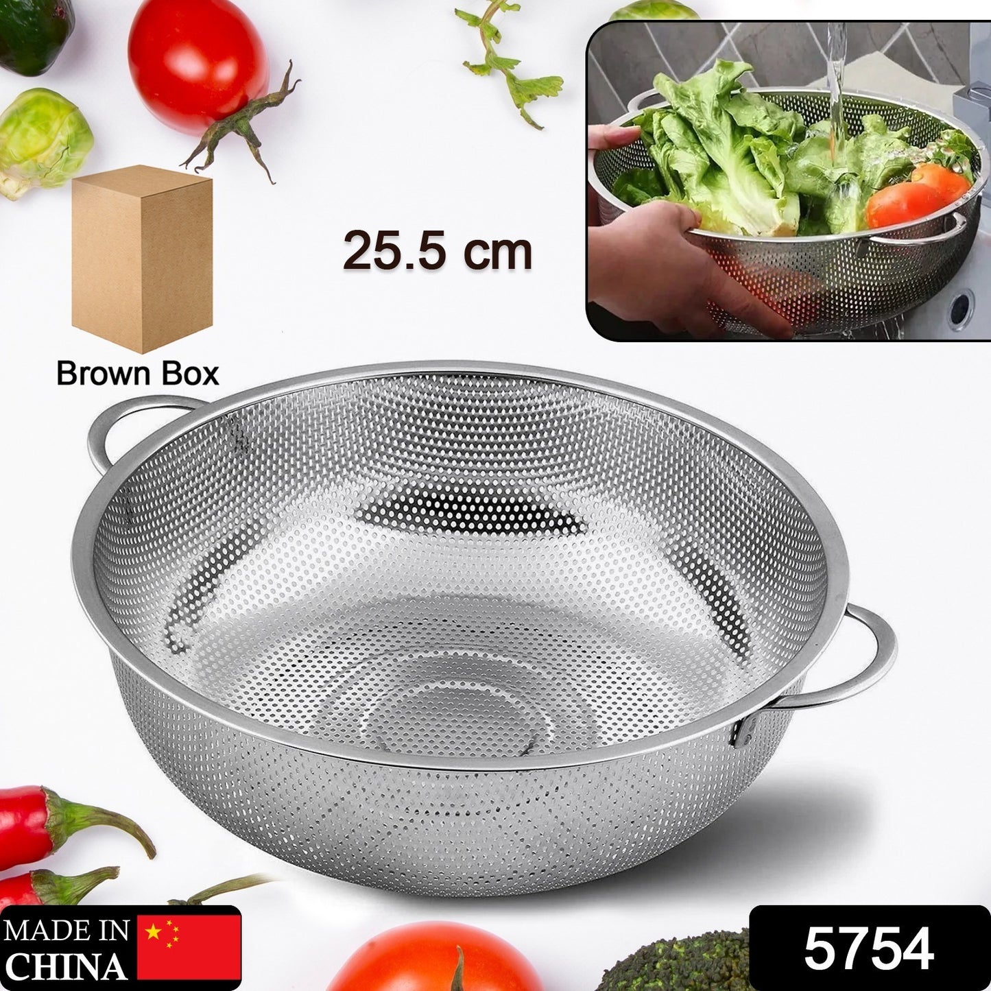 5754 Stainless Steel Colander With Handle Large Metal Mesh Basket Strainer For Pasta Spaghetti Berry Veggies Fruits  Kitchen Food Colander Dishwasher Safe (1 Pc  25.5 Cm)