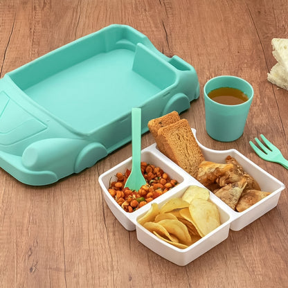 Kids Car Shaped Plates Cup  Lunch Box Dinnerware Set (4 Pcs Set  1000 Ml Lunch Box)