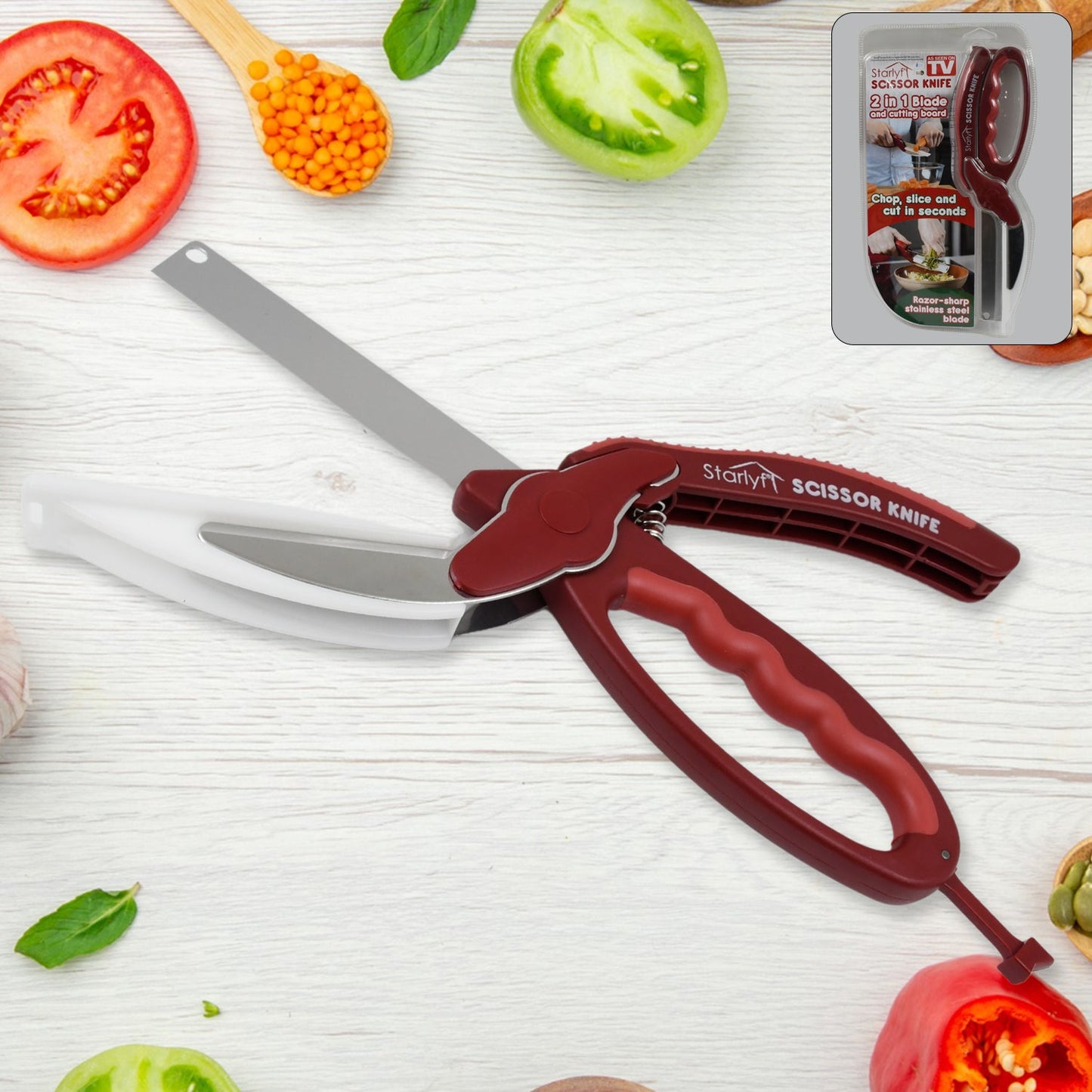 2 In 1 Kitchen Knife Scissor With Spring Locking Hinge And Chopping Board (1 Pc  With Card Packing)