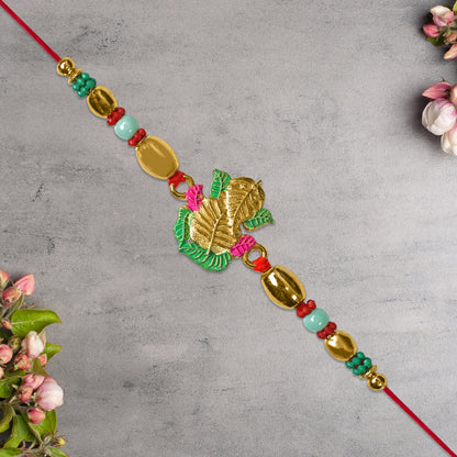Golden Leaf Design Rakhi With Multicolor Beads