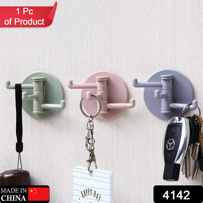 4142 Sticky Hook Household Strong Punch-free Hook 180foldable Multi-function Rotatable Hook With 3 Hooks Suitable For Bathroom Kitchen Office (1 Pc)