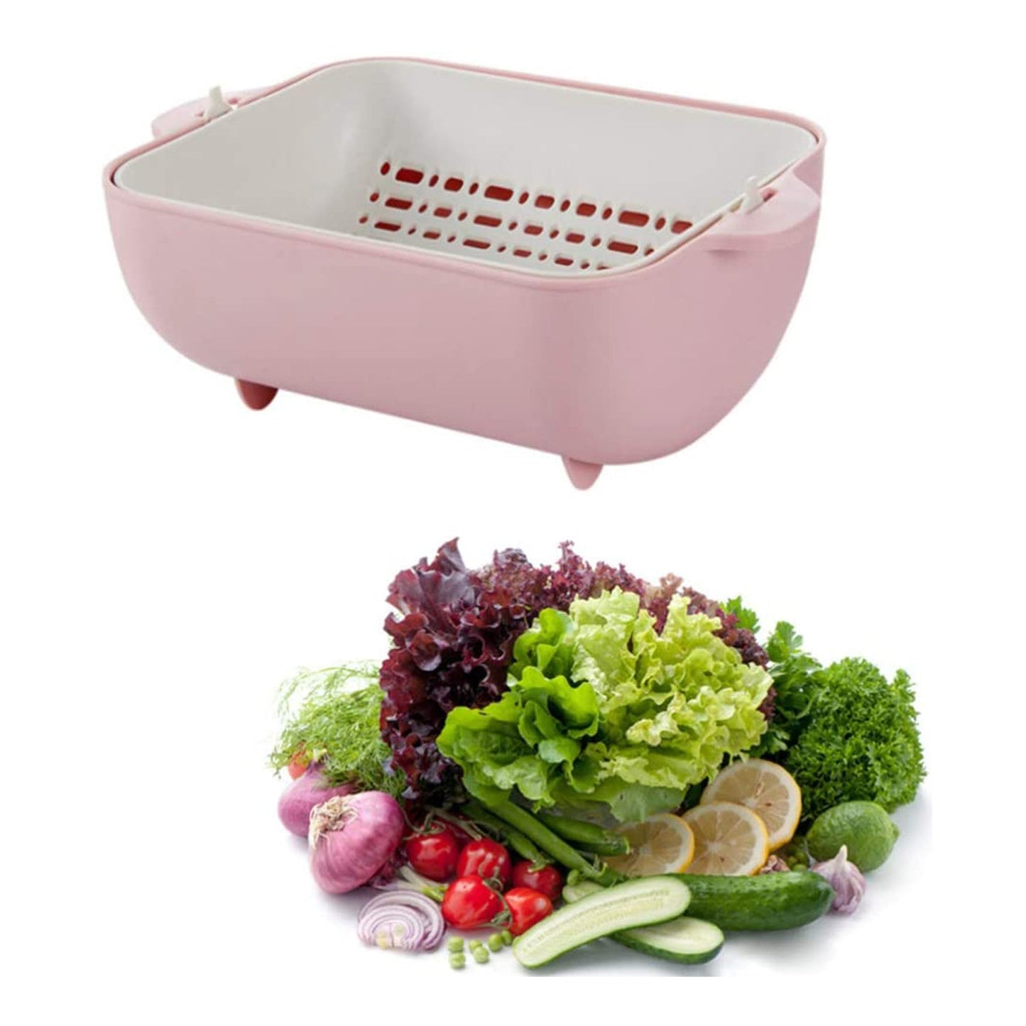 2717 Multifunctional Bpa Free Double Layered Plastic Rotatable Strainer Bowl With Handles For Washing Rinsing Serving Vegetables  Fruits (Multicolor)