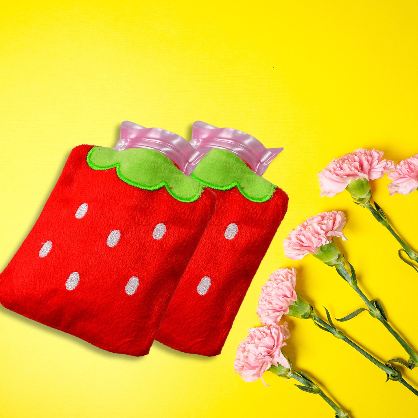 6516 Strawberry Small Hot Water Bag With Cover For Pain Relief Neck Shoulder Pain And Hand Feet Warmer Menstrual Cramps.