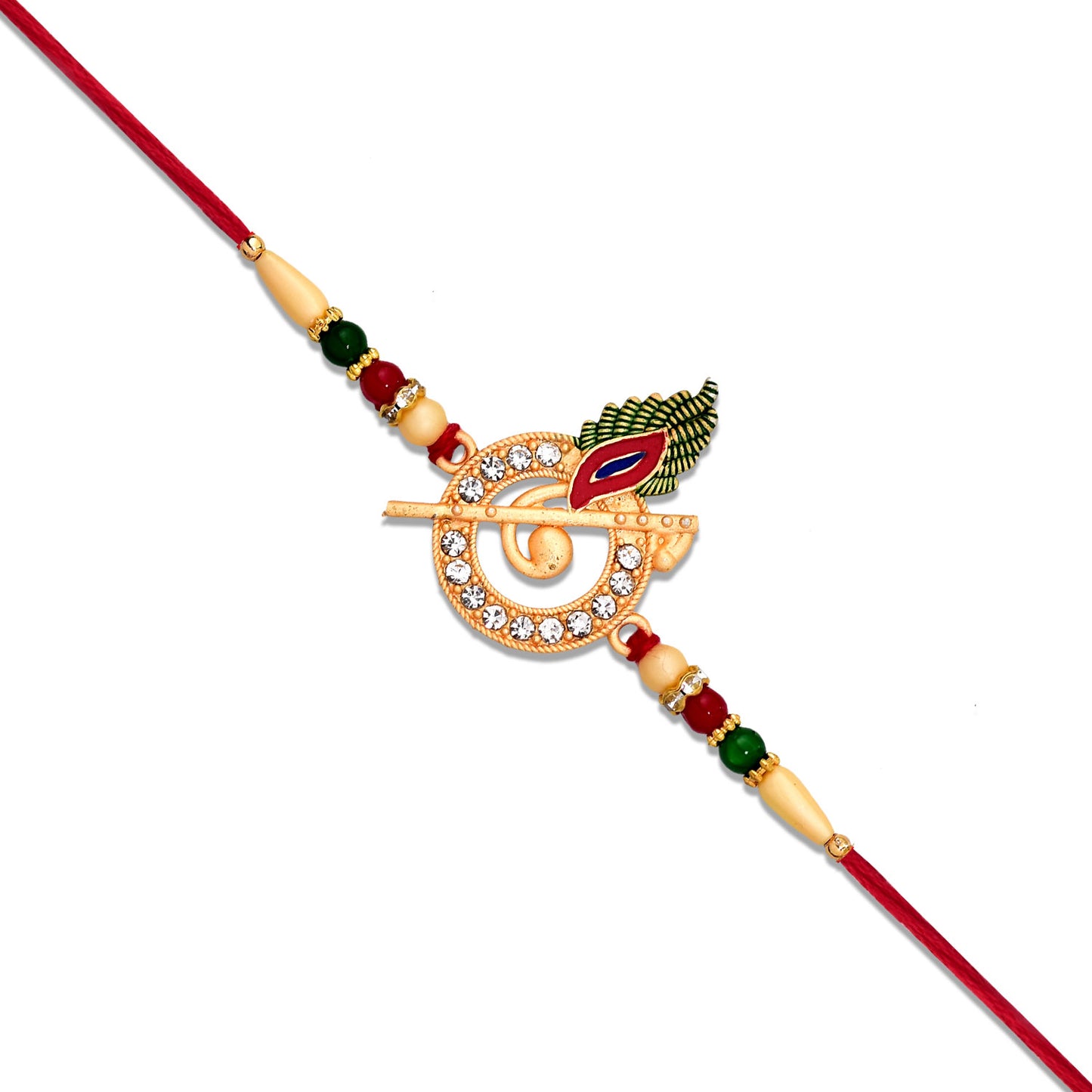 Krishna Flute Rakhi With Stone Studded Peacock Feather Design