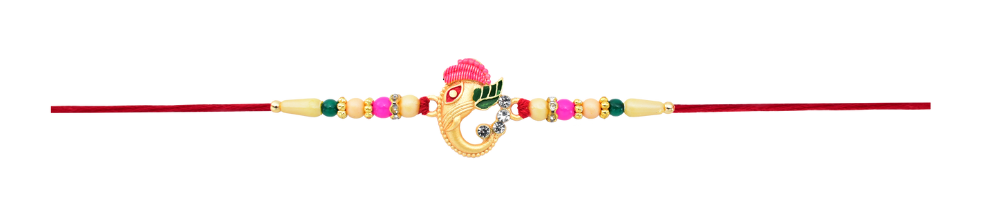 Stylish Ganesh Design Rakhi With Multicolor Beads And Gold Finish Accents