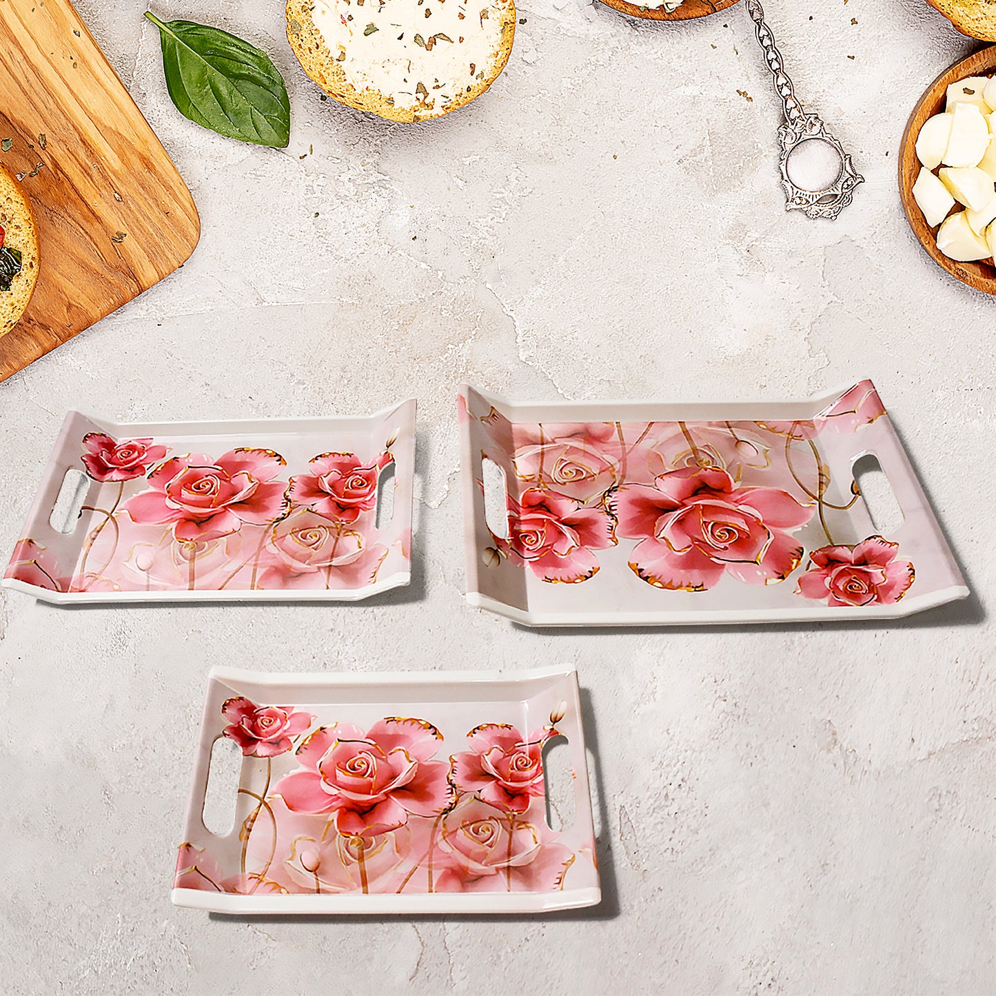 2292 Plastic Rectangular Shape Flower Printed Design Serving Tray 3 Pcs Home And Kitchen Use (3 Pcs Set)