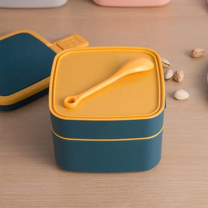 2868 Blue Double-layer Portable Lunch Box Stackable With Carrying Handle And Spoon Lunch Box