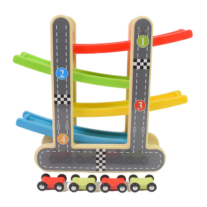 Car Racer Track Play Set Wooden Click Clack Toys With 4 Mini Racers (1 Set)