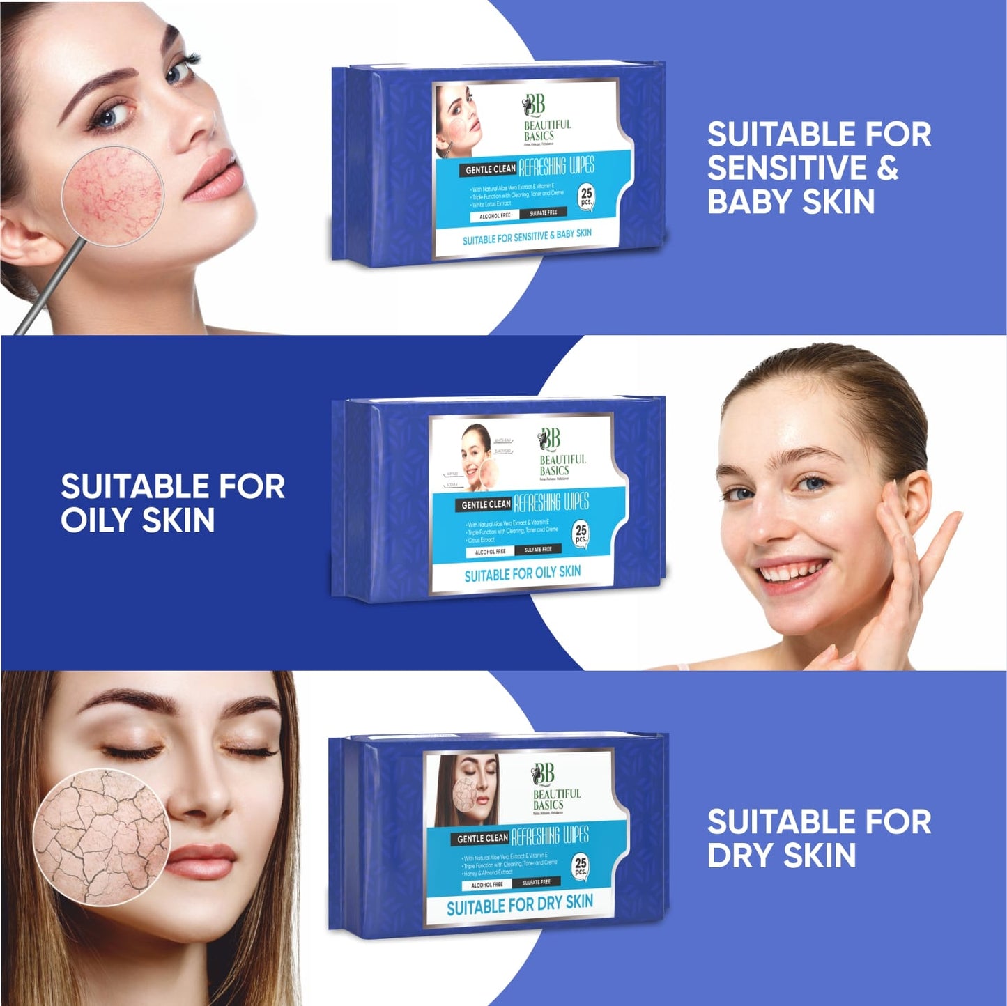 Beautiful Basics Dry Oily Sensitive  Normal Skin Face Wipes (4 Pkts X 100 Pcs Wipes)