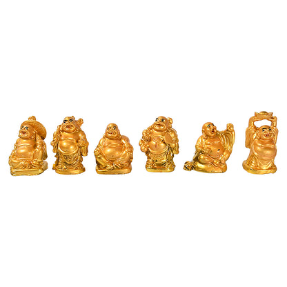 17924 Golden Laughing Buddha Set Of Six Pieces Statue For Happiness Wealth  Good Luck Decor For Wealth And Success (6 Pcs Set)