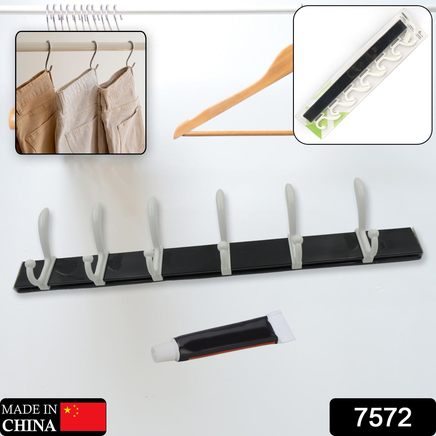 7572 Cloth Hanger Wall Door Hooks Rail For Hanging Clothes For Hanging Hook Rack Rail Extra Long Coat Hanger Wall Mount For Clothes Jacket Hats 6 Hook With Eco-friendly Liquid Adhesive Glue