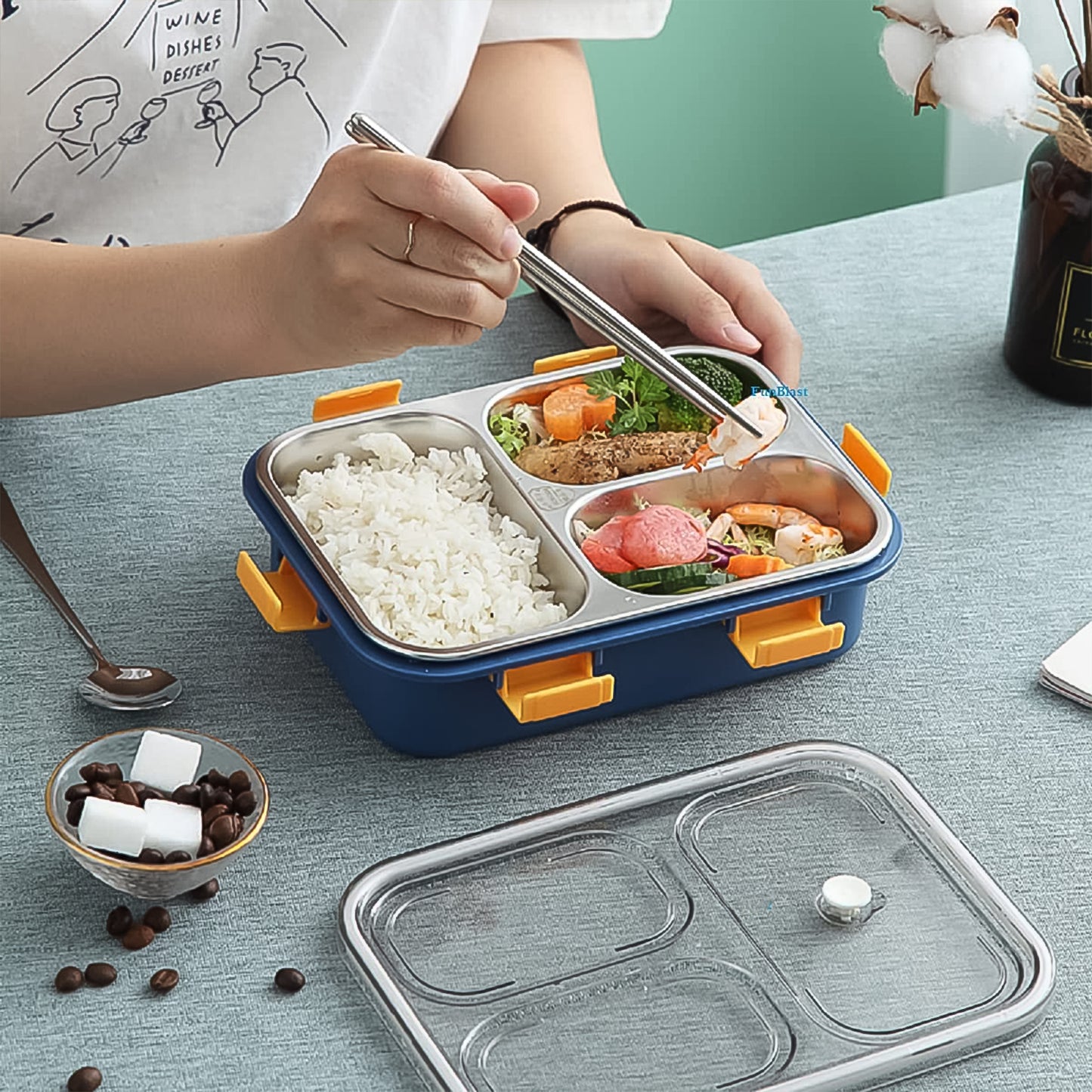 3 Compartment Transparent Stainless Steel Lunch Box With A Spoon And A Pair Of Chopsticks (1 Set)