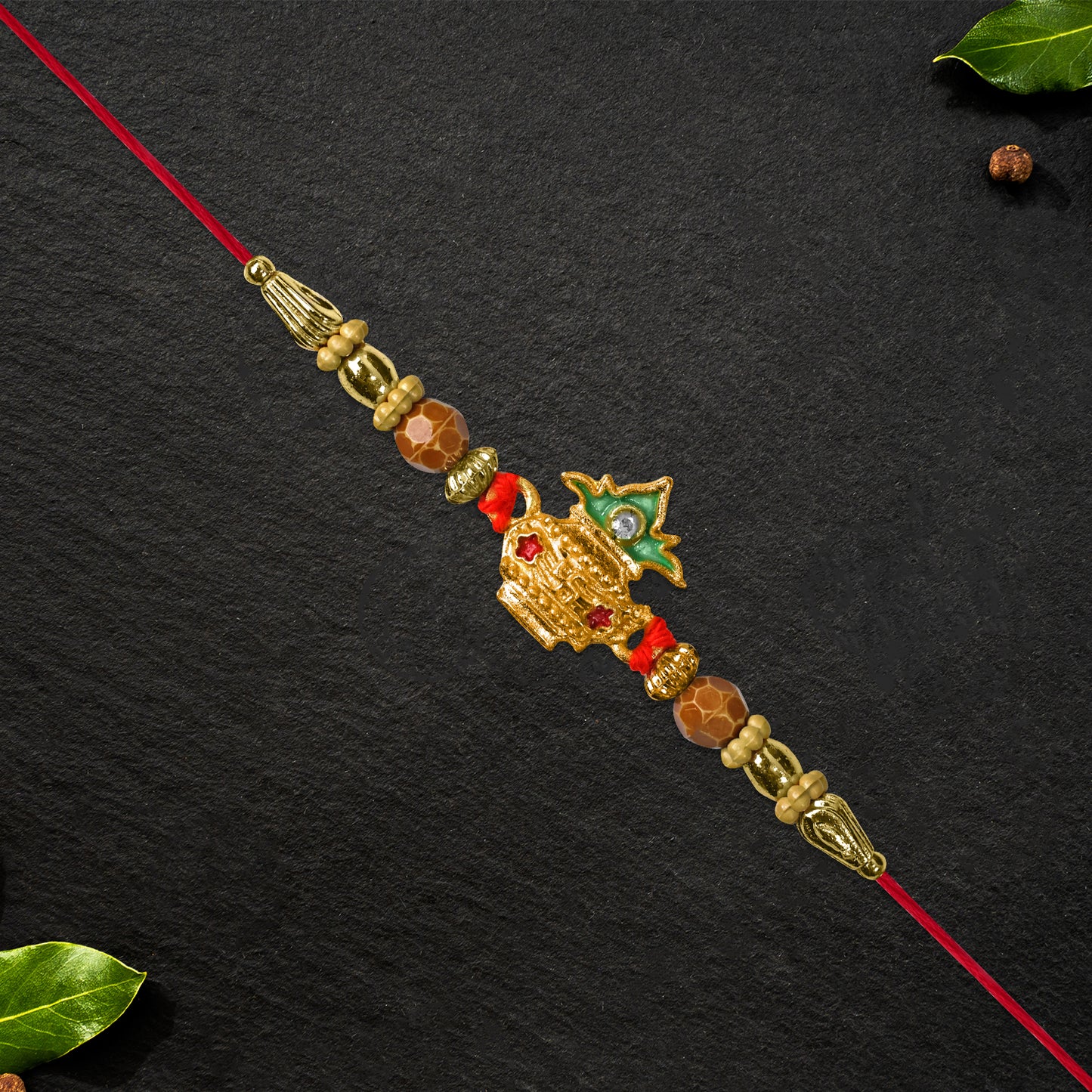 Designer Rakhi With Golden Kalash Motif