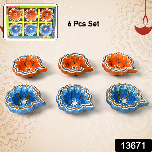 Decorative Hand Painted Clay Puja Diya For Diwali Handmade Diya (6 Pcs Set)