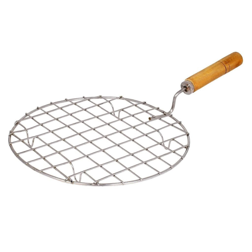 2085 Kitchen Round Stainless Steel Roaster Papad Jali Barbecue Grill With Wooden Handle