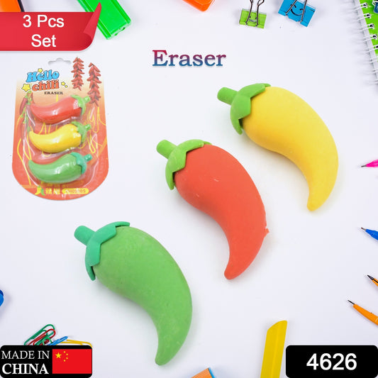 4626 3d Fancy  Stylish Colorful Chili Shape Erasers Mini Eraser Creative Cute Novelty Eraser For Children Eraser Set For Return Gift Birthday Party School Prize (3 Pc Set)