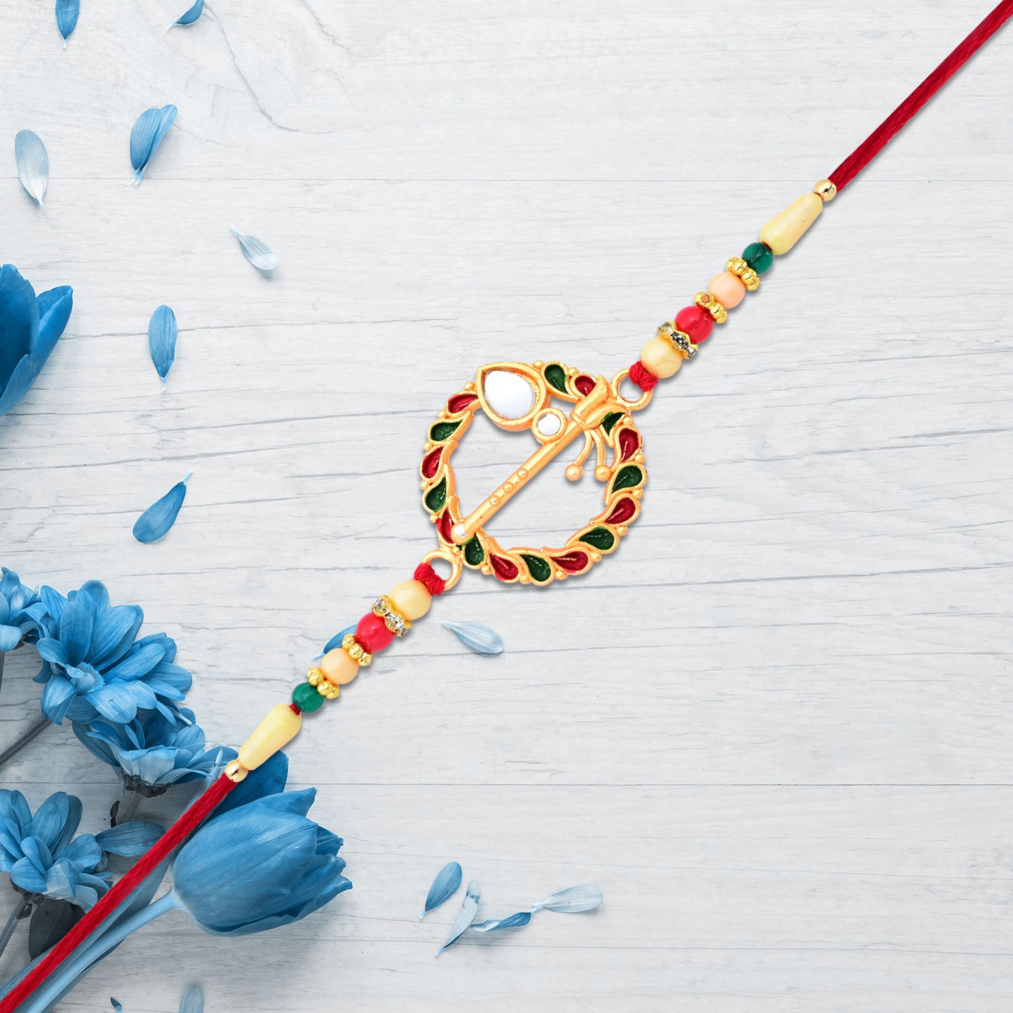 Krishna Flute Rakhi With Colorful Leaf Motif  Beads