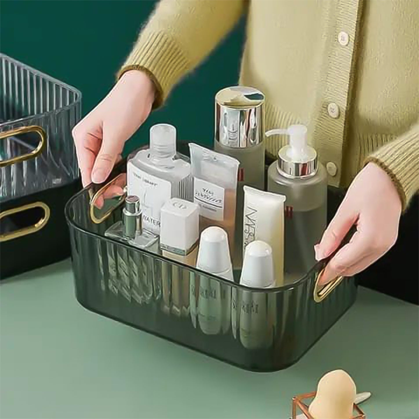 Premium Ribbed Transparent Storage Basket With Gold Handle  Multipurpose Kitchen Amp Home Organizer Box