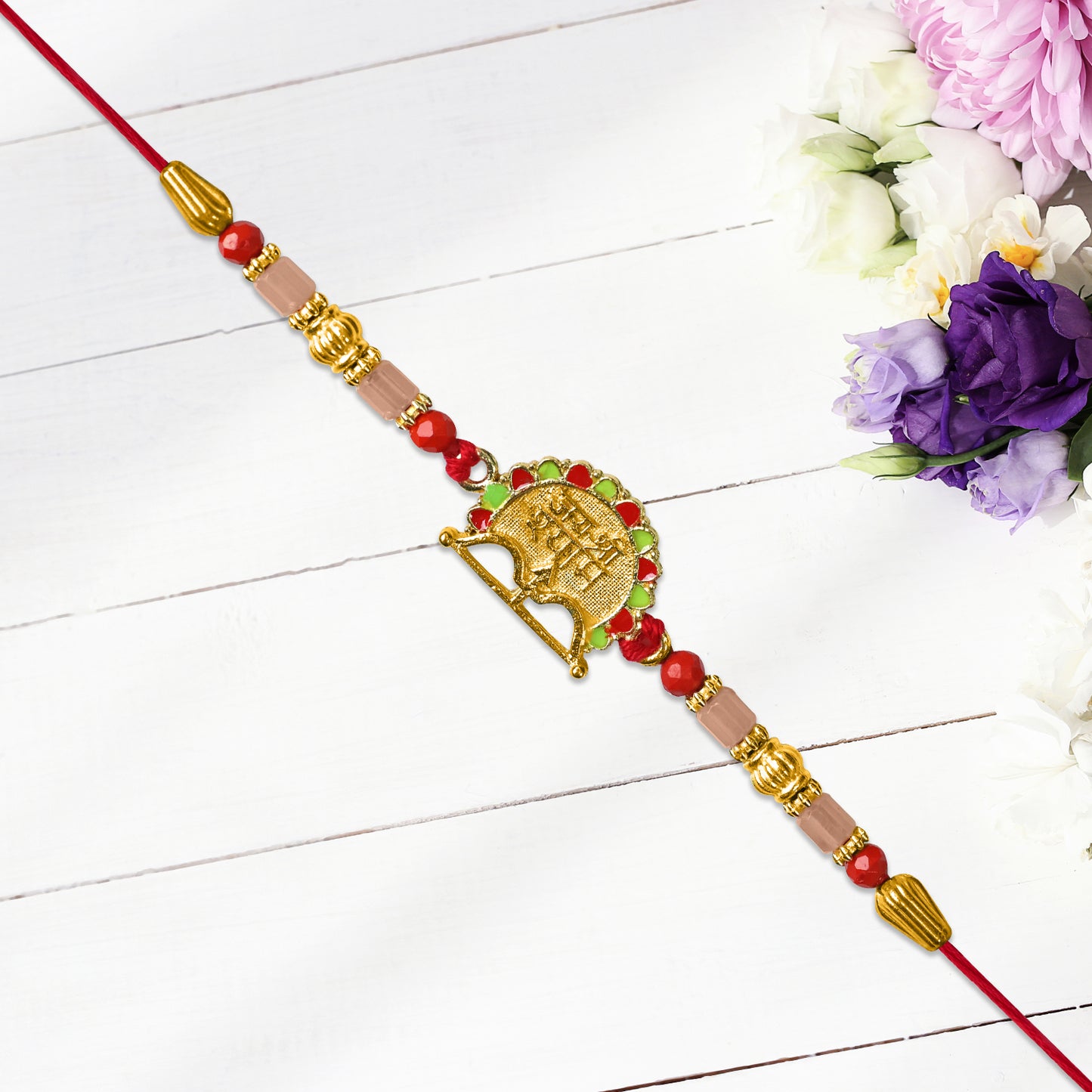 Red  Green Beaded Shree Ram Rakhi